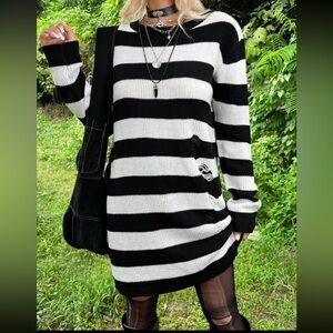 ROMWE PUNK Grunge Stripe Pattern Ripped Drop Shoulder Sweater Dress Size L